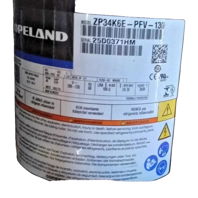 ZP34K6E-PFV-130 Genuine Copeland Scroll Compressor 208-230V