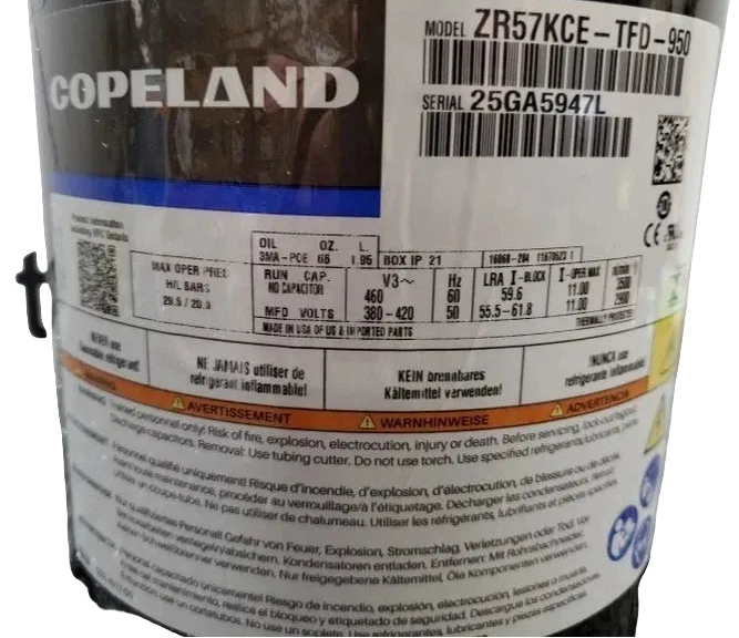 ZR57KCETFD950 Copeland Scroll Compressor 460V