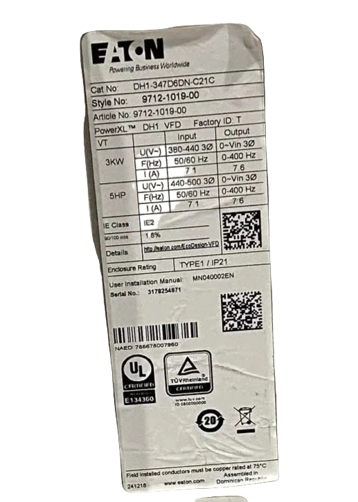 DH1 347D6DN C21C Genuine Eaton Variable Frequency Drive 480V 7.6A