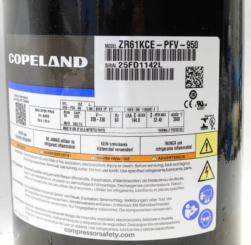 ZR61KCEPFV950 Genuine Copeland Scroll Compressor 208/230V