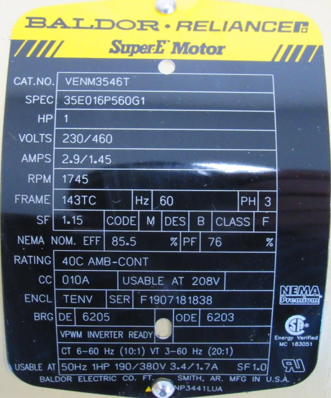 VENM3546T Baldor General Purpose Motor 230/460V 1HP, 1745RPM, 3PH, 60HZ