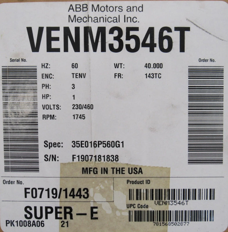 VENM3546T Baldor General Purpose Motor 230/460V 1HP, 1745RPM, 3PH, 60HZ