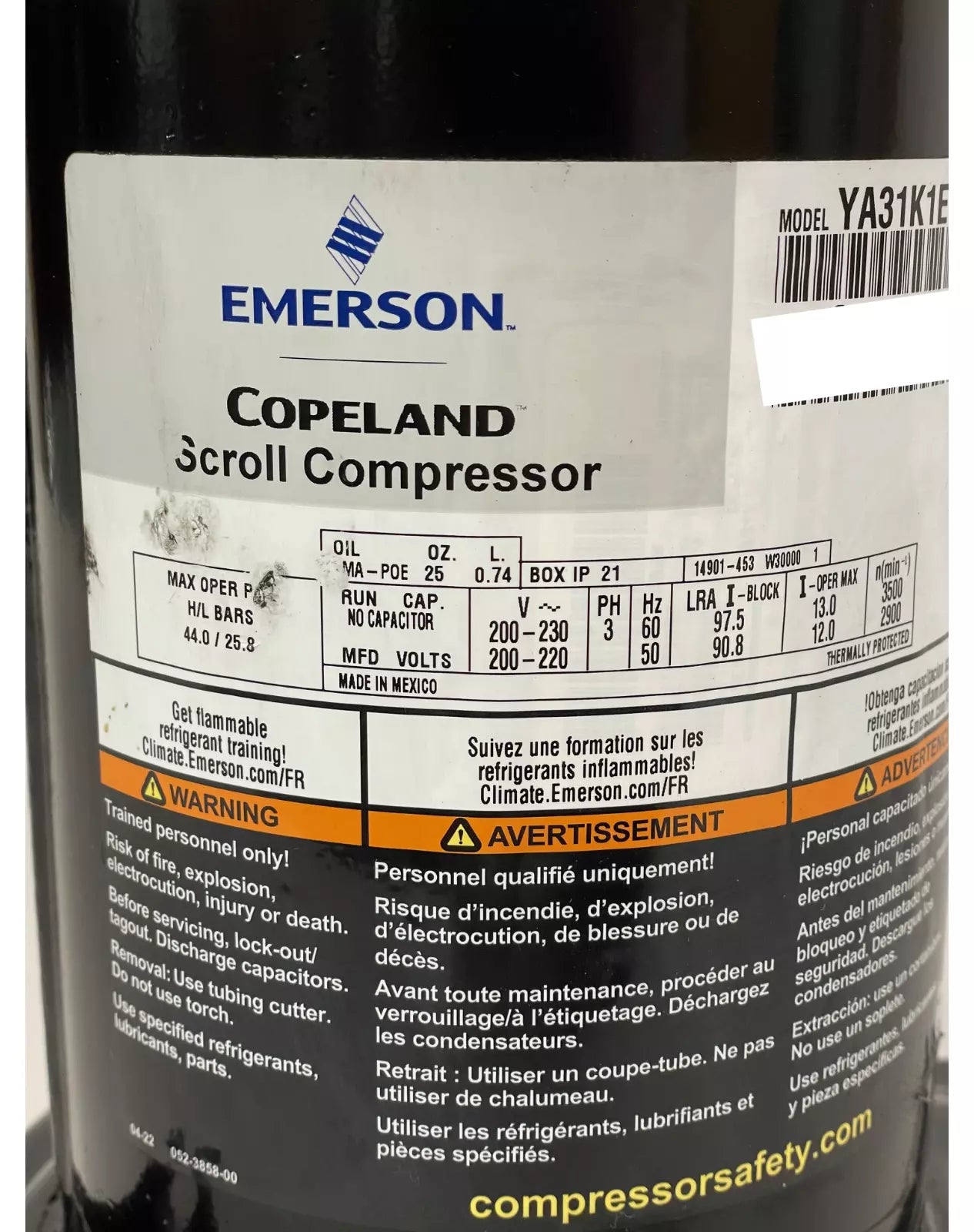 YA31K1ETF5ASE Copeland Scroll Compressor 200-230V