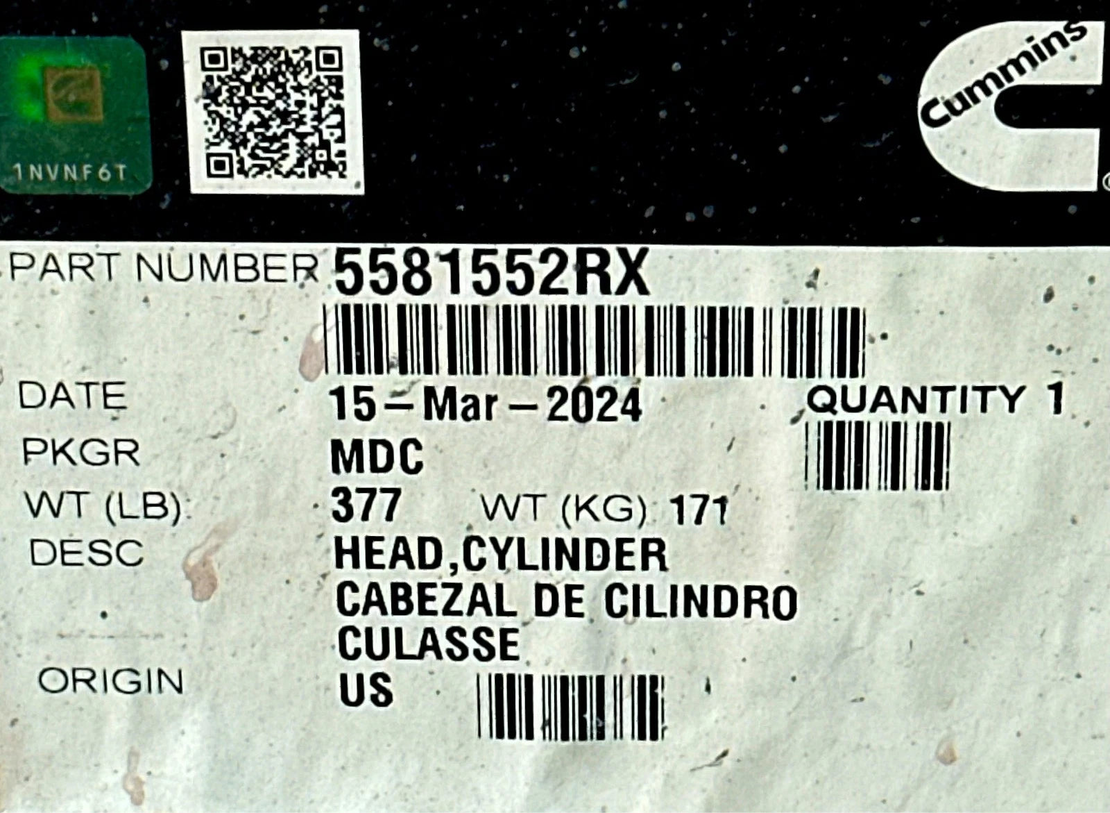 5547183RX Genuine Cummins Cylinder Head
