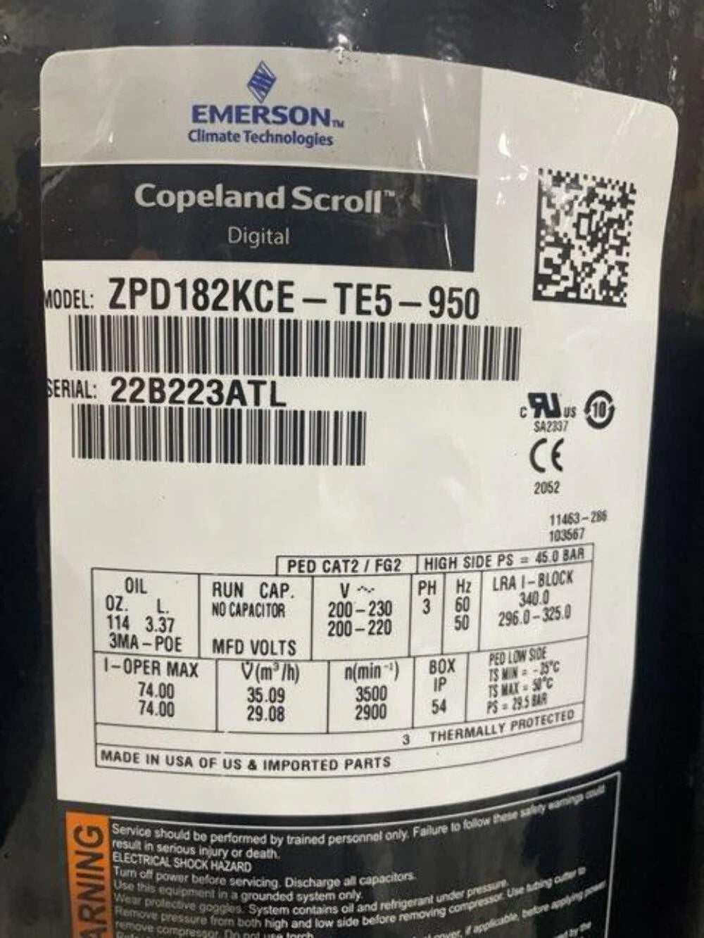 ZPD182KCETE5950 Genuine Copeland Scroll Compressor