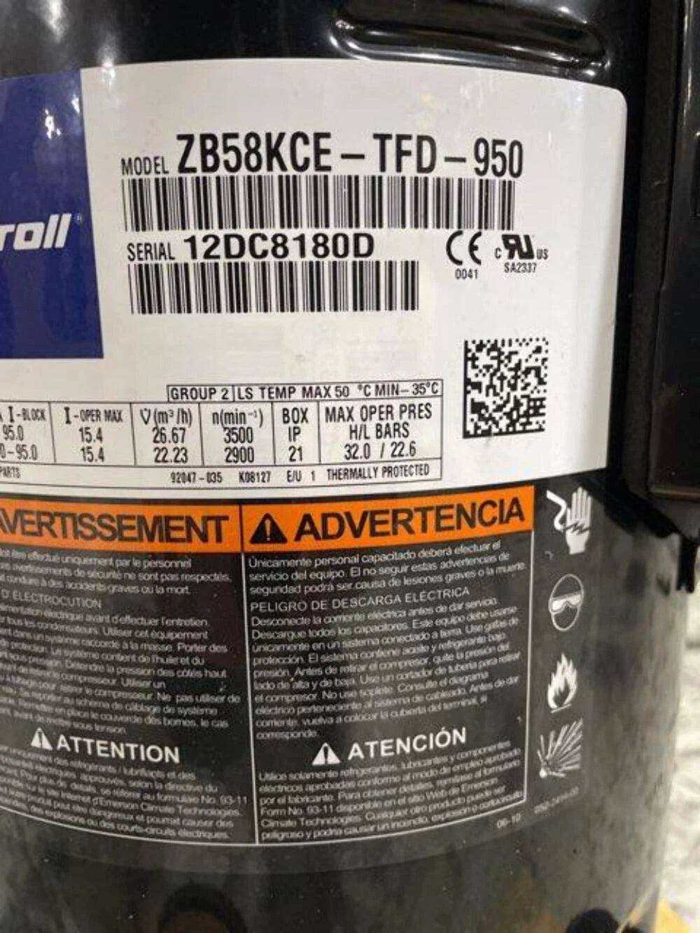 ZB58KCE-TFD-950 Genuine Copeland Scroll Compressor