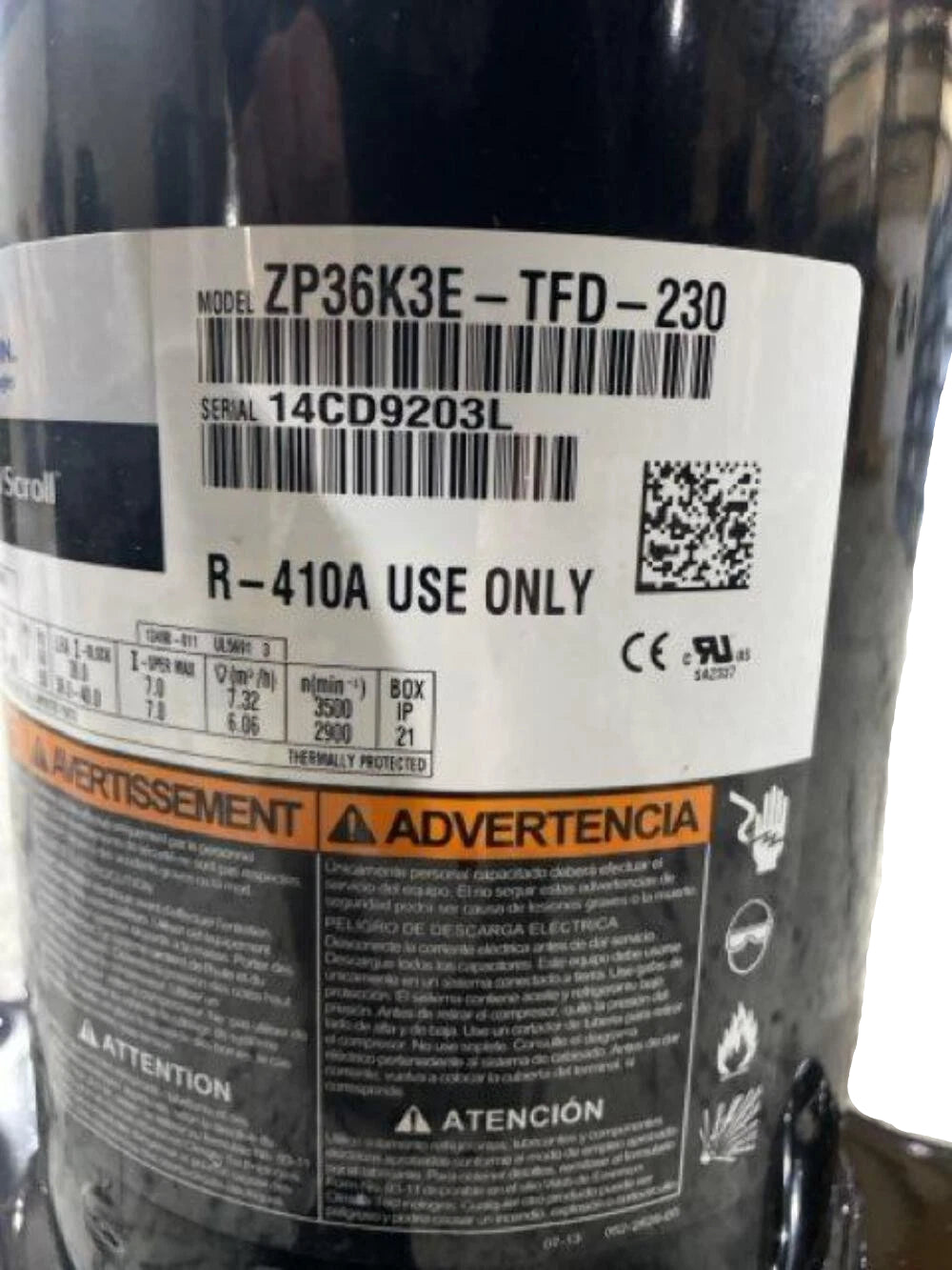 ZP36K3E-TFD-230 Genuine Copeland Scroll Compressor