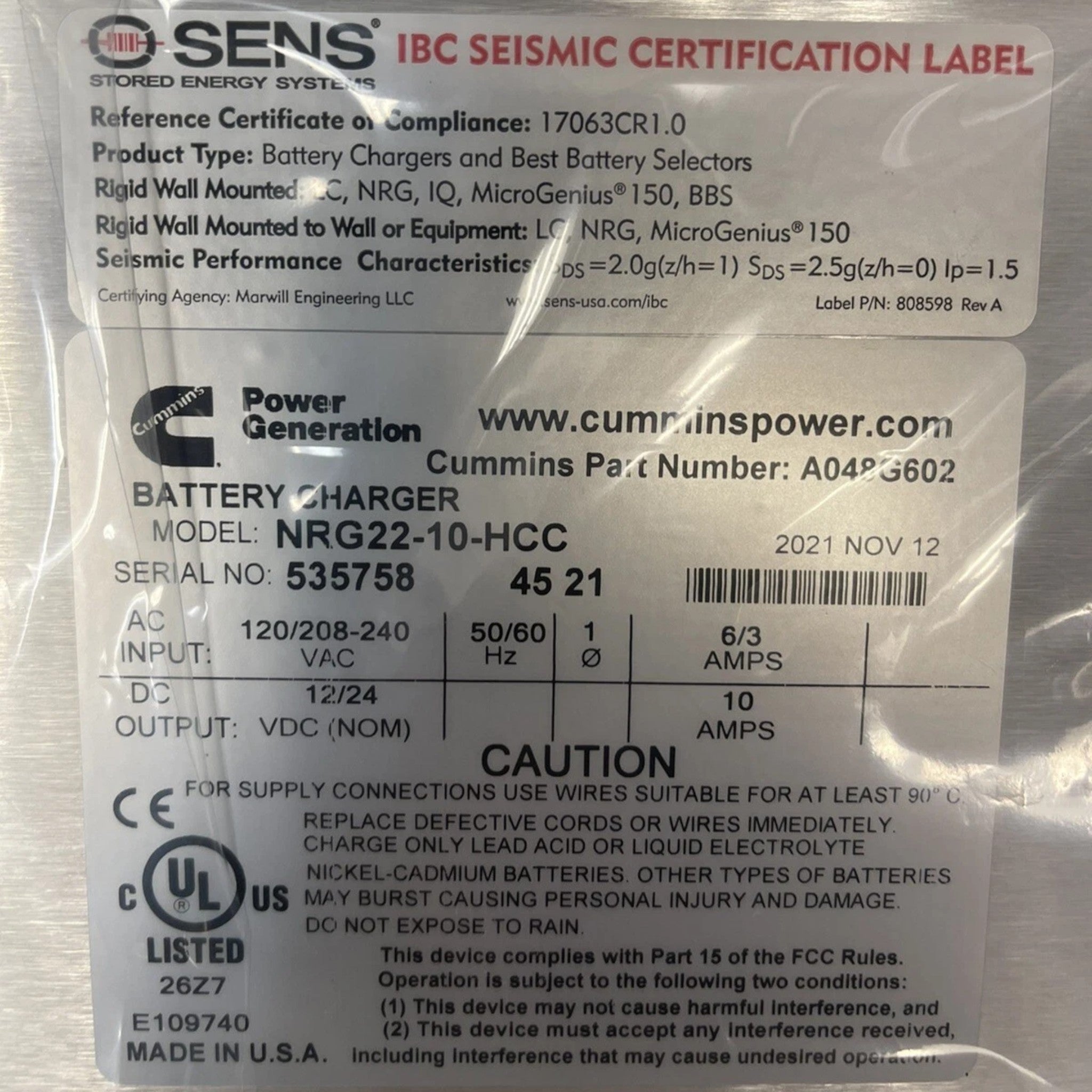A048G602 Cummins 10A 12V/24V Stand Alone Battery Charger