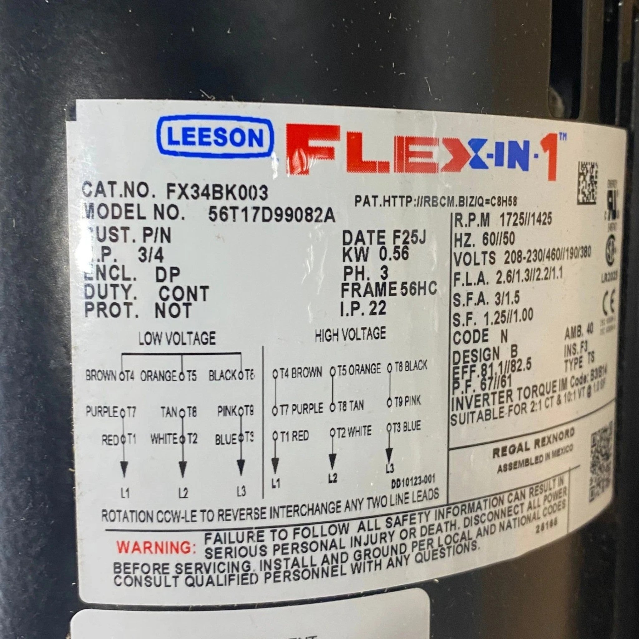 FX34BK003 Genuine Leeson Electric Motor 208-230/460V