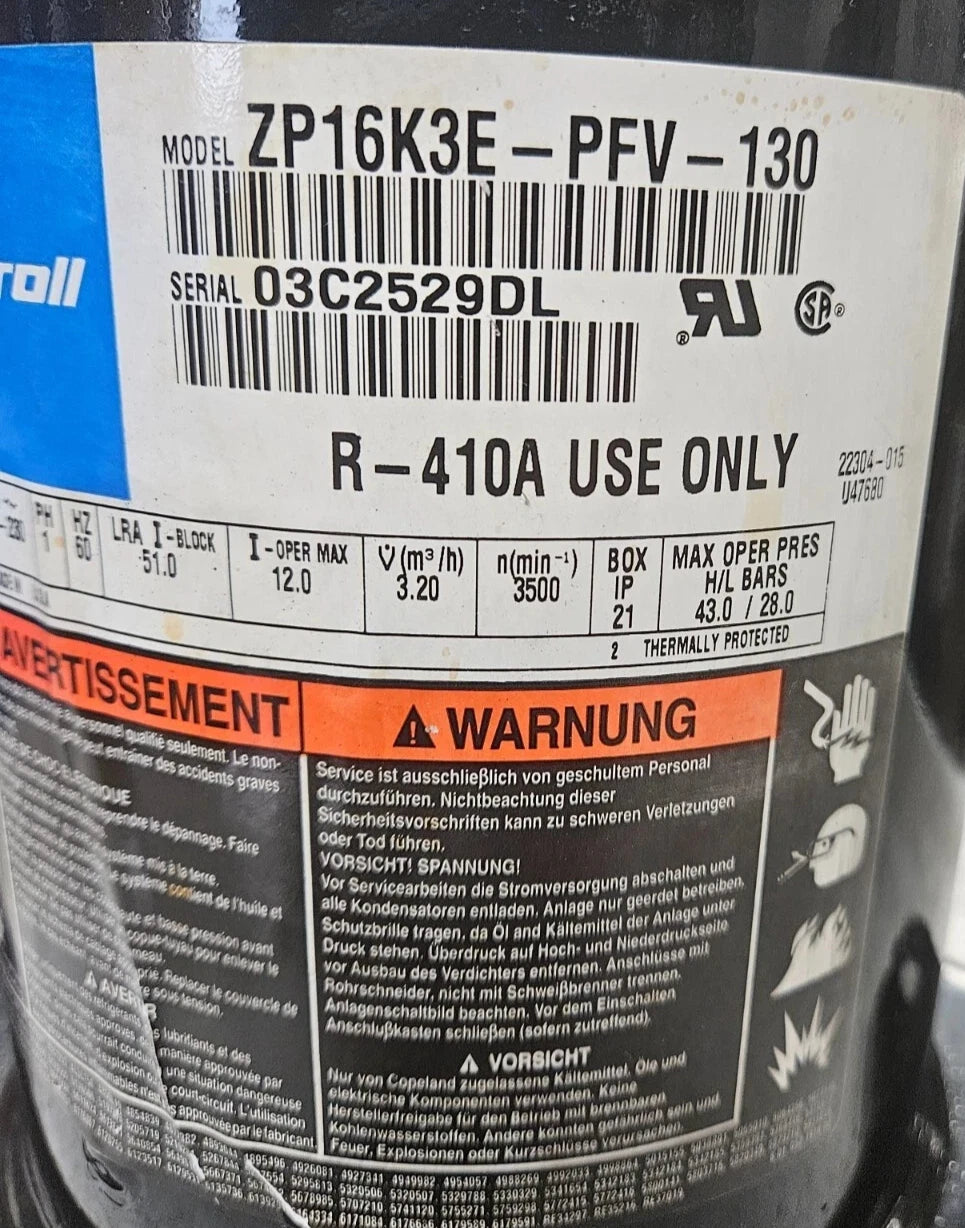 ZP16K3E-PFV-130 Genuine Copeland Scroll Compressor 208-230V