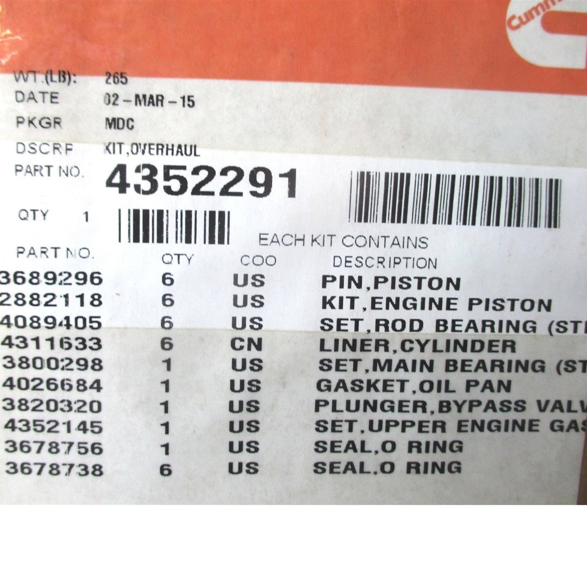 4352291 Genuine Cummins Engine Overhaul Kit