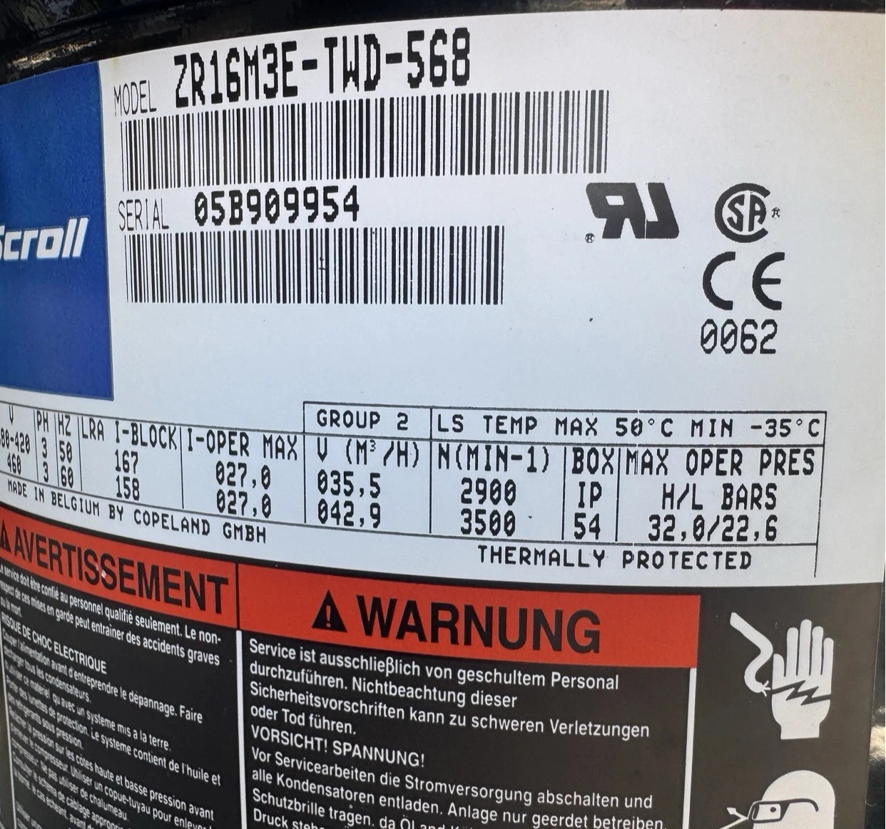 ZR16M3TWD568 Genuine Copeland Scroll Compressor