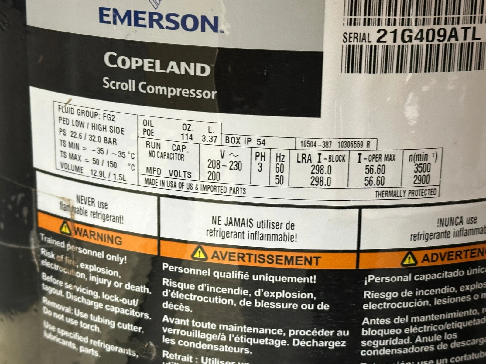 ZB95K5ETWC960 Genuine Copeland Scroll Compressor