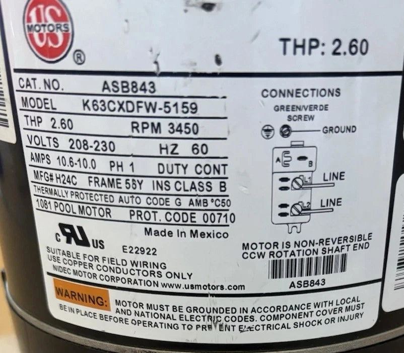 ASB843 US Motors Pool And Spa Motor 208-230V