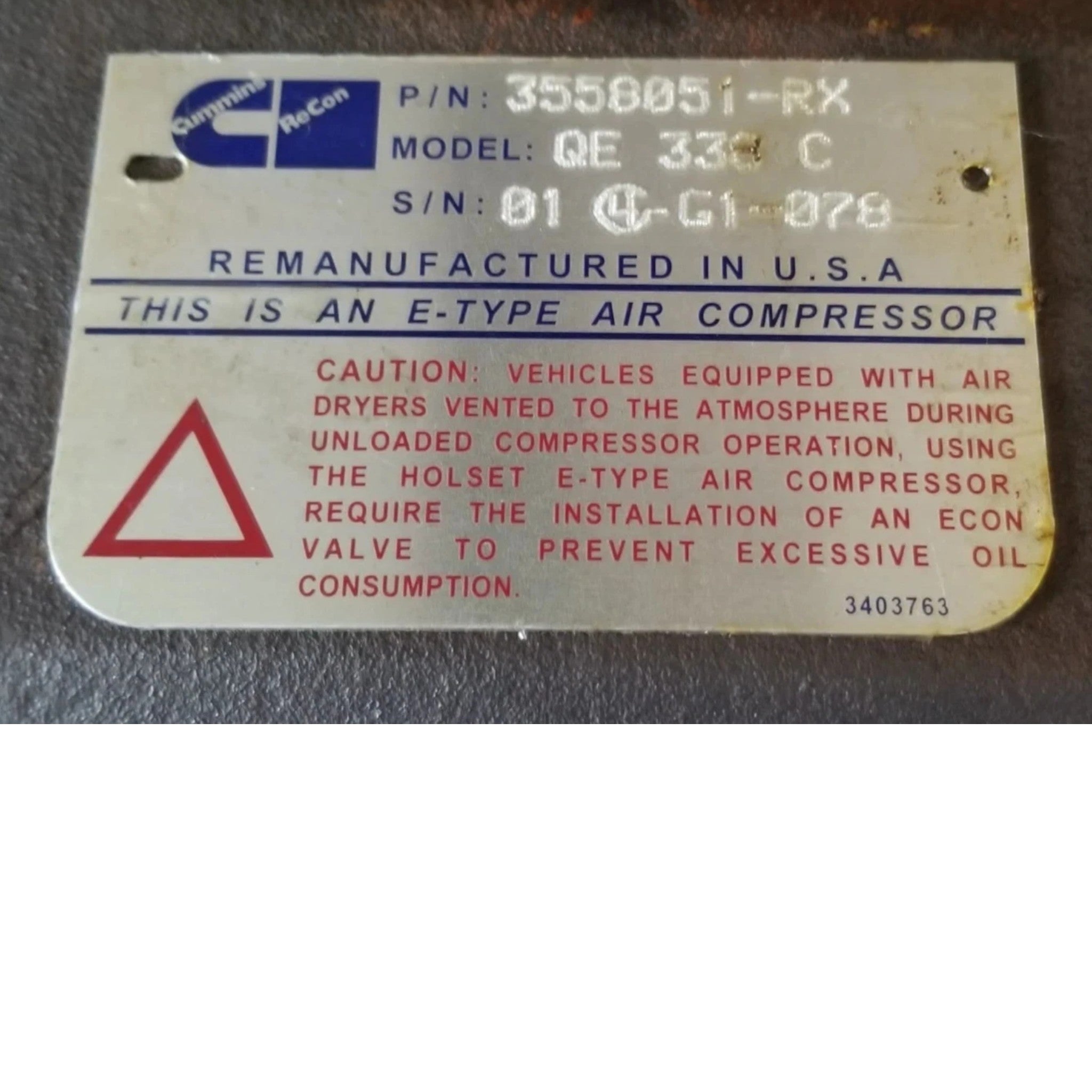 3558051RX Genuine Cummins 1 Cylinder Air Compressor