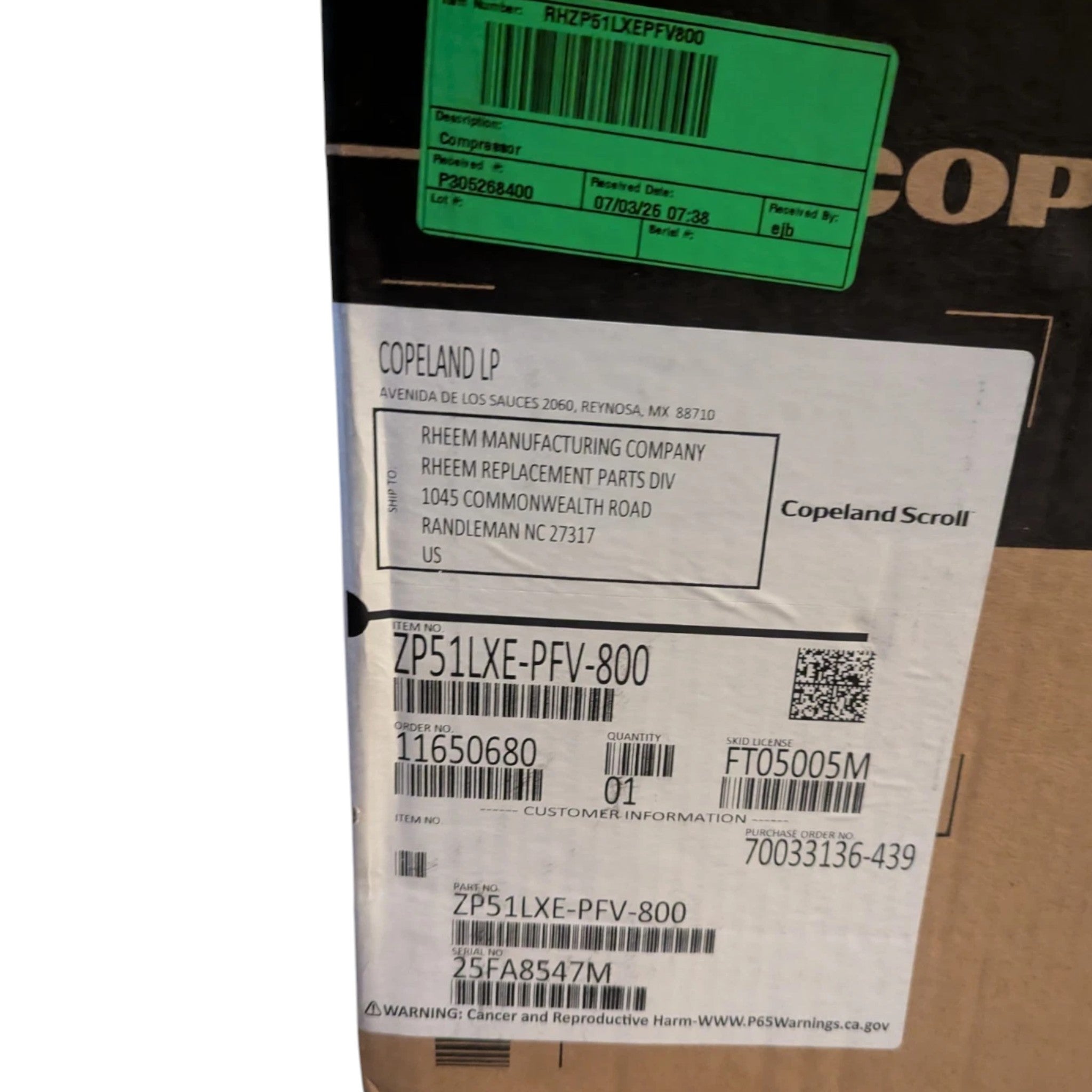 ZP51LXE-PFV-800 Genuine Copeland Scroll Compressor