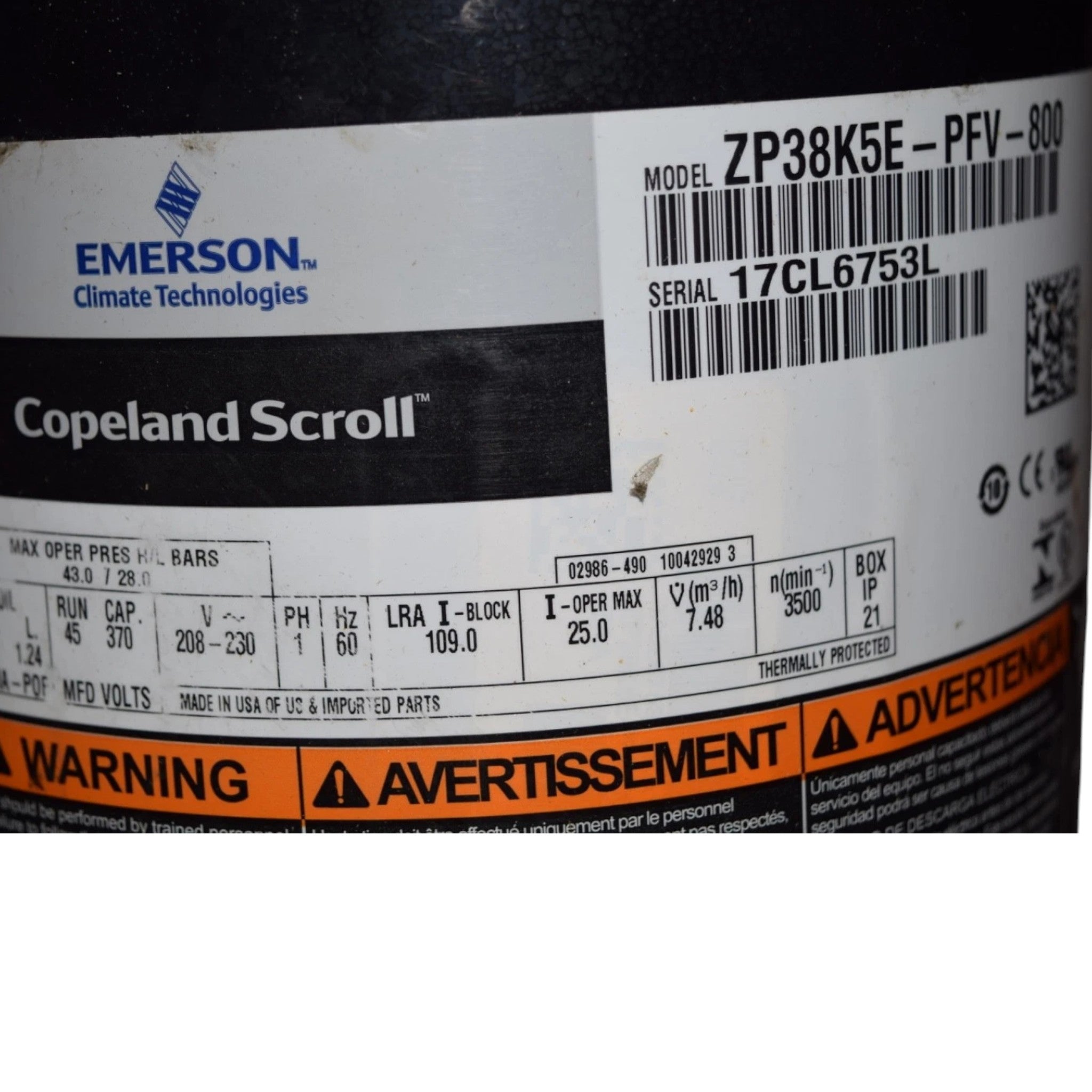 ZP38K5EPFV800 Genuine Copeland Scroll Compressor