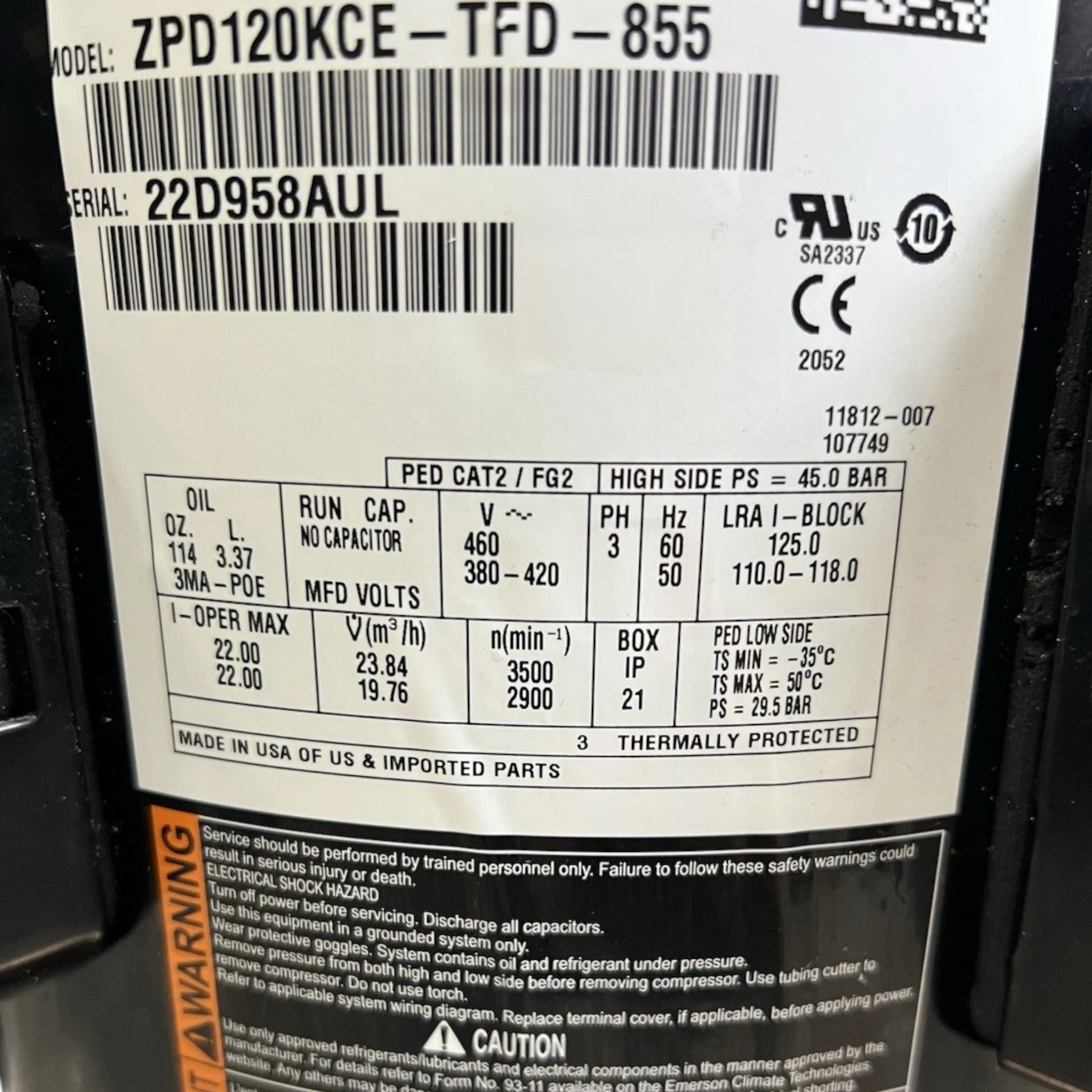 ZPD120KCETFD855 Copeland Scroll Compresor