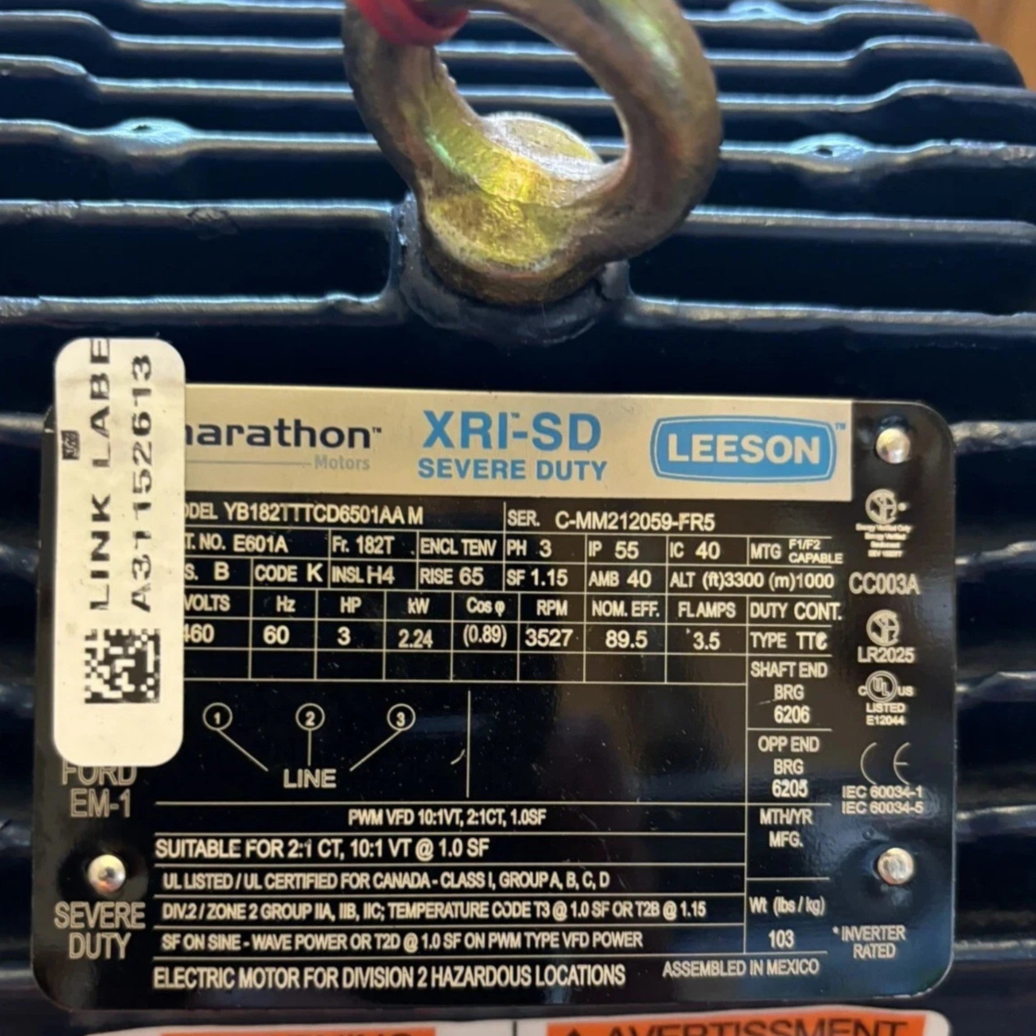 182TTTCD6501 Genuine Marathon Severe Duty Motor 460V