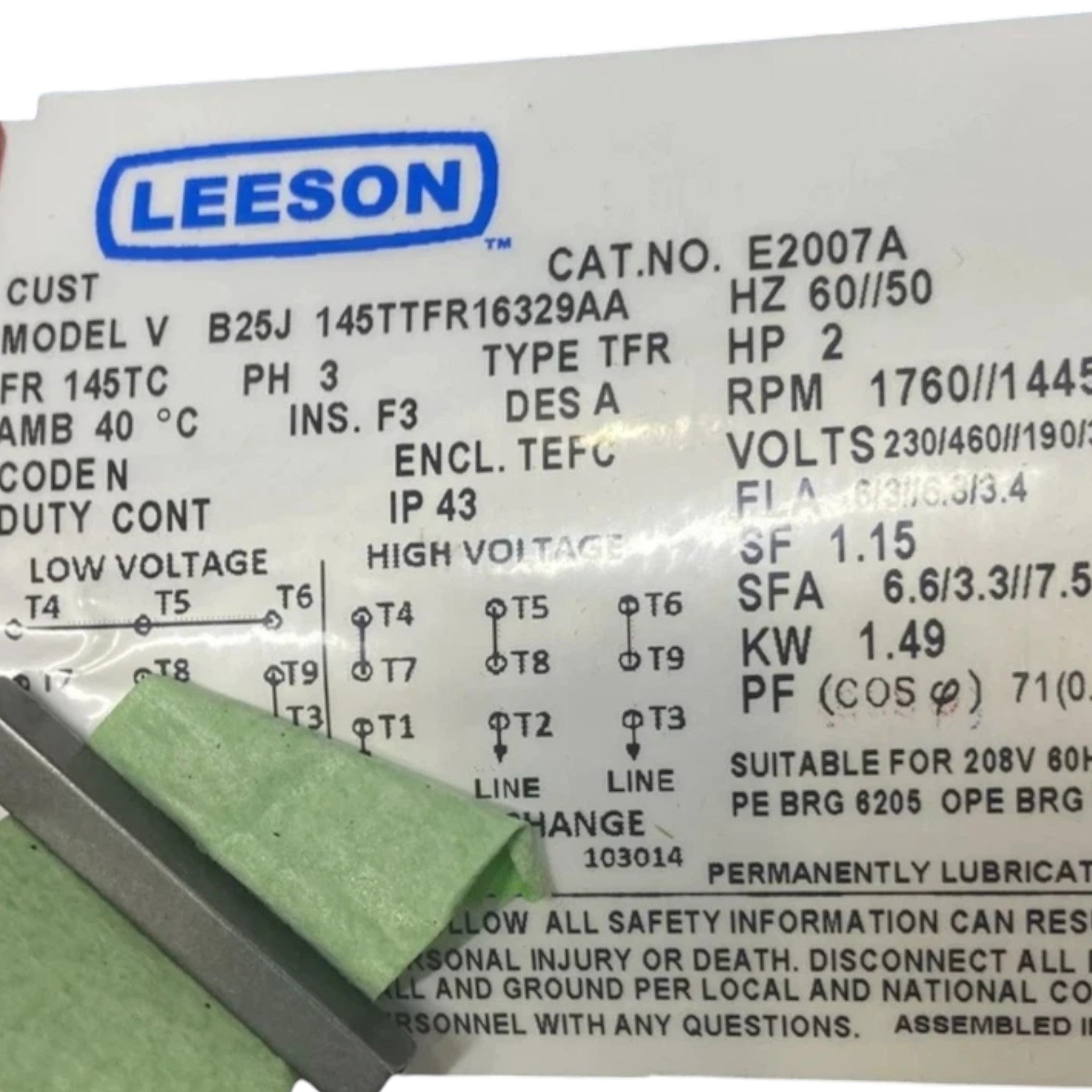 145TTFR16329 Genuine Leeson Electric Motor 208-230/460V