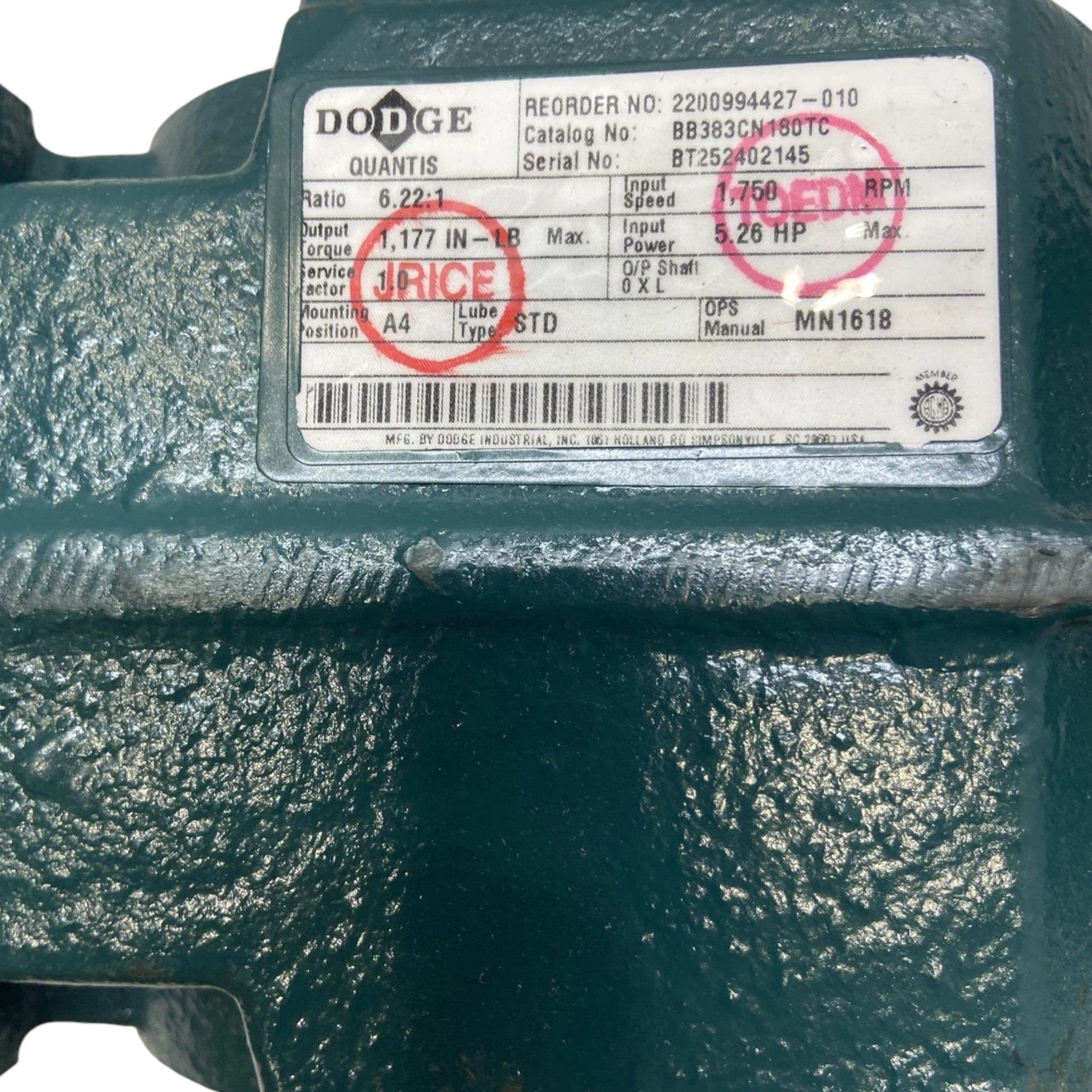 BB383CN180TC Genuine Dodge Gear Reducer
