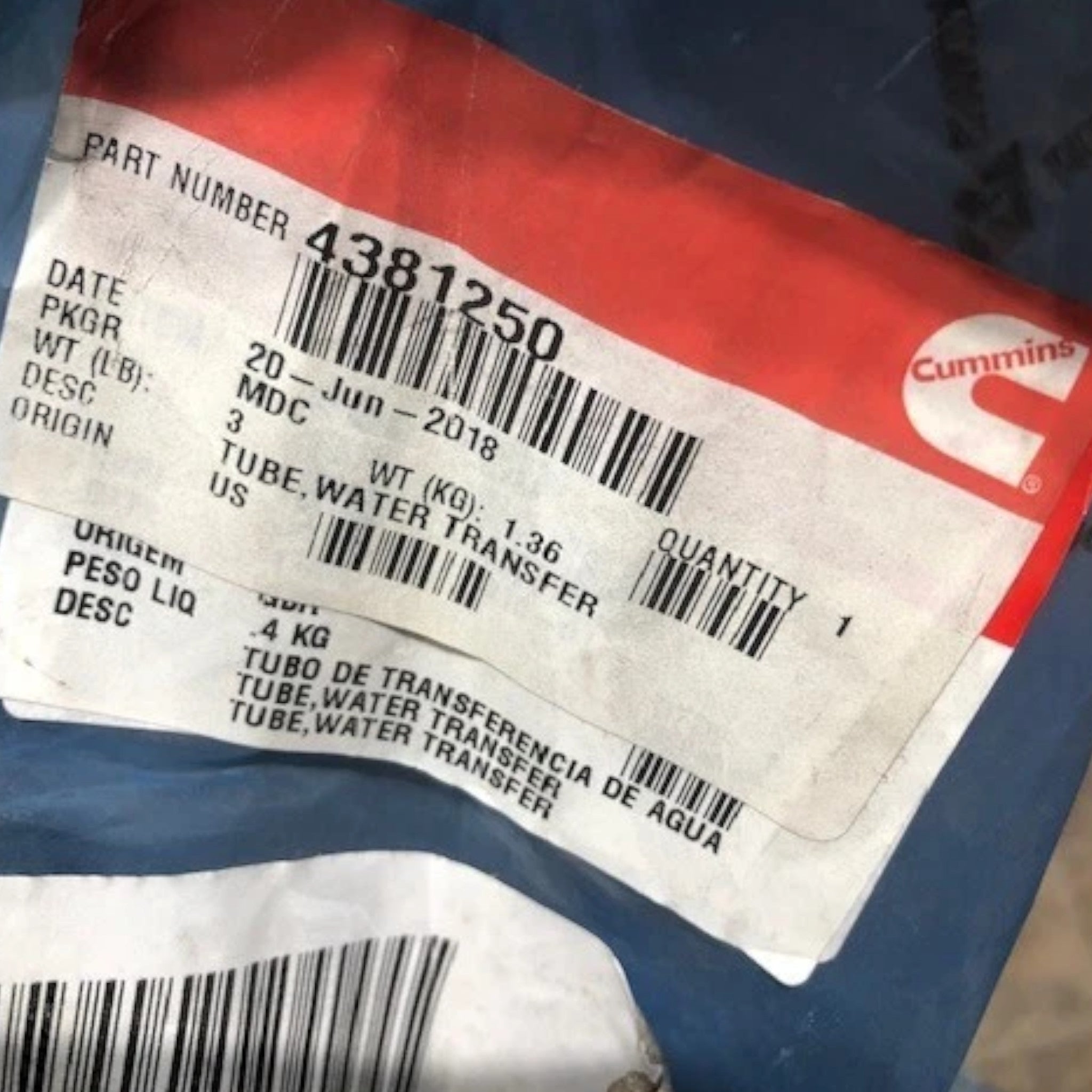 3635175 Genuine Cummins Water Transfer Tube