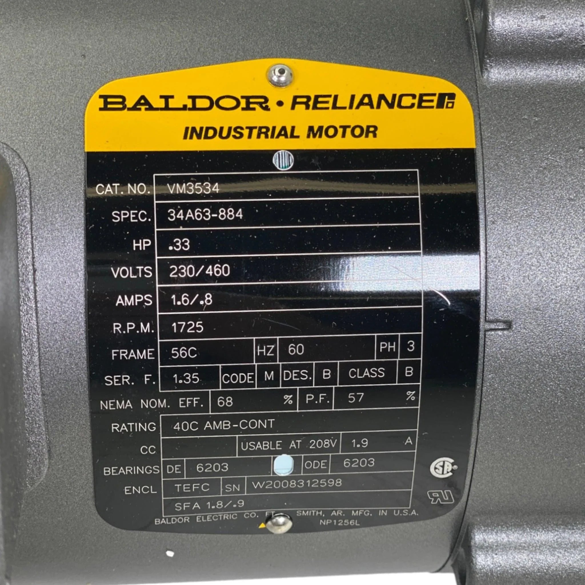 VM3534 ABB AC Motor .33HP 1725RPM 3PH 60HZ 56C 3413M TEFC F1