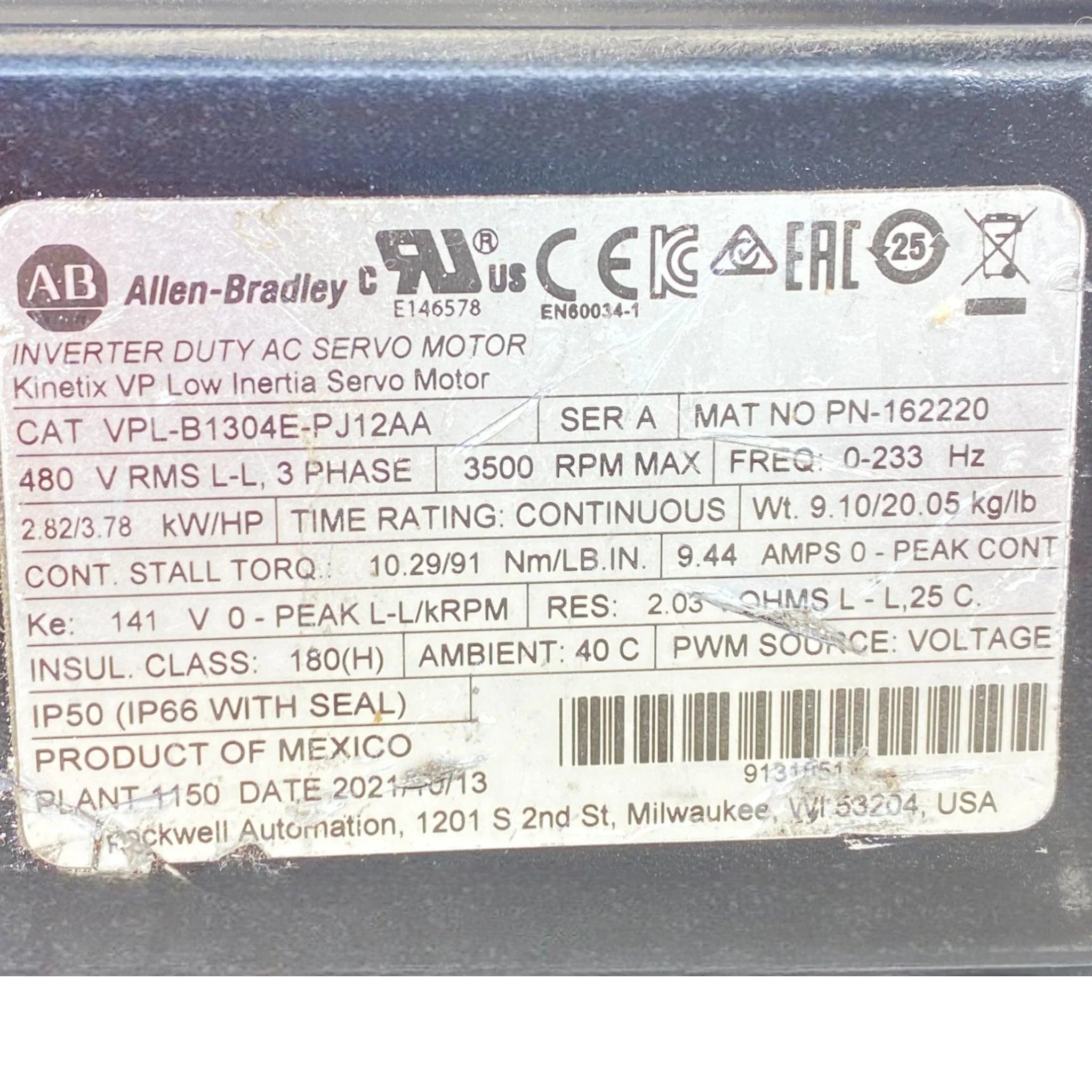 VPL-B1304E-PJ12AA Allen Bradley Inverter Duty AC Servo Motor