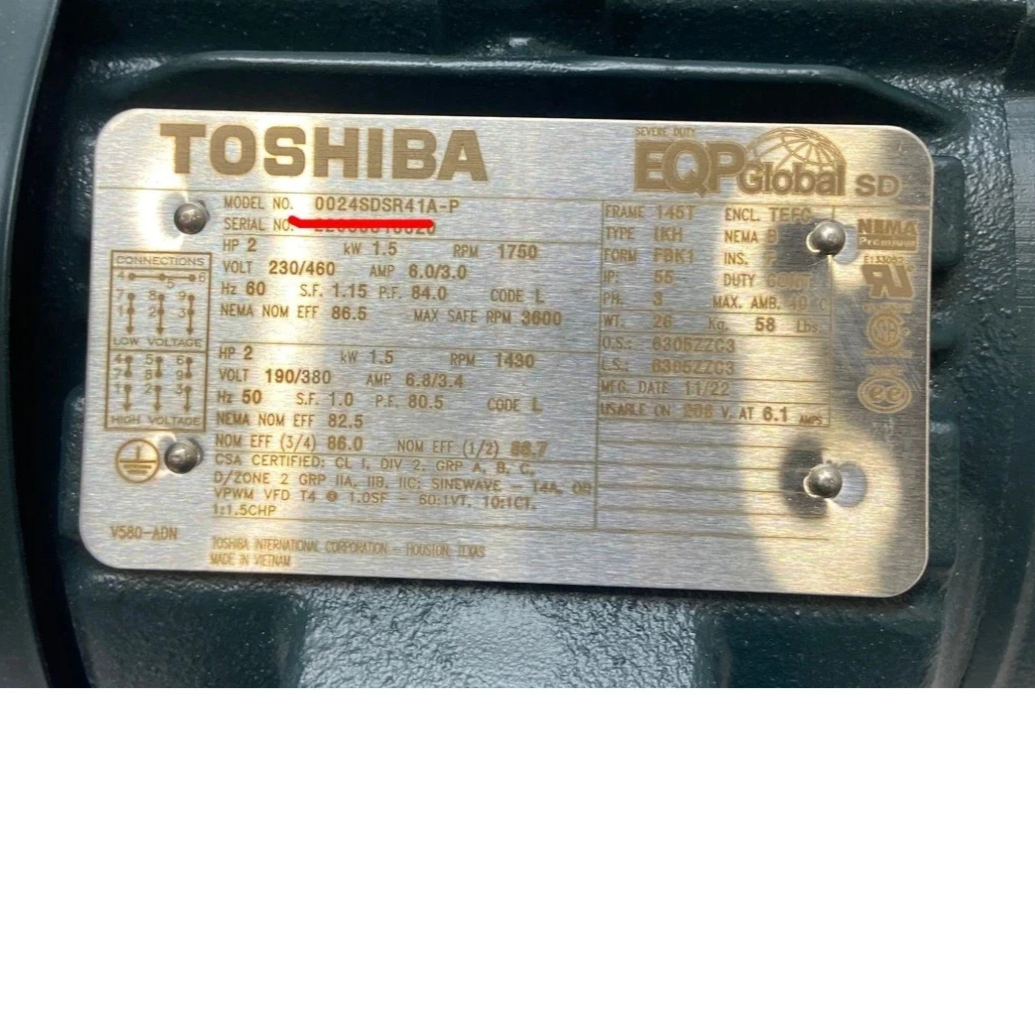 0024SDSR41A-P Toshiba General Purpose Motor 230/460V
