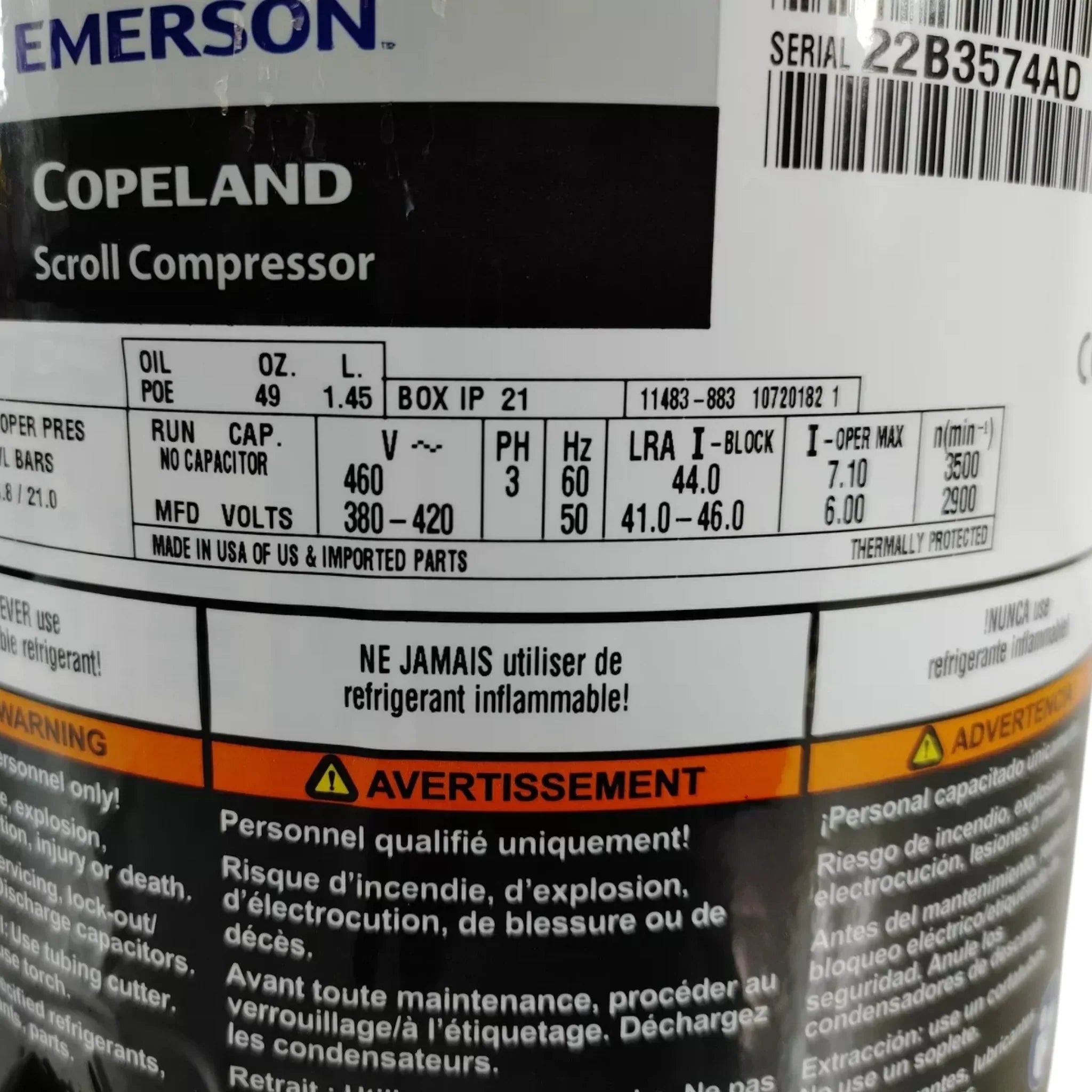 ZF11K4ETFD231 Genuine Copeland Scroll Compressor