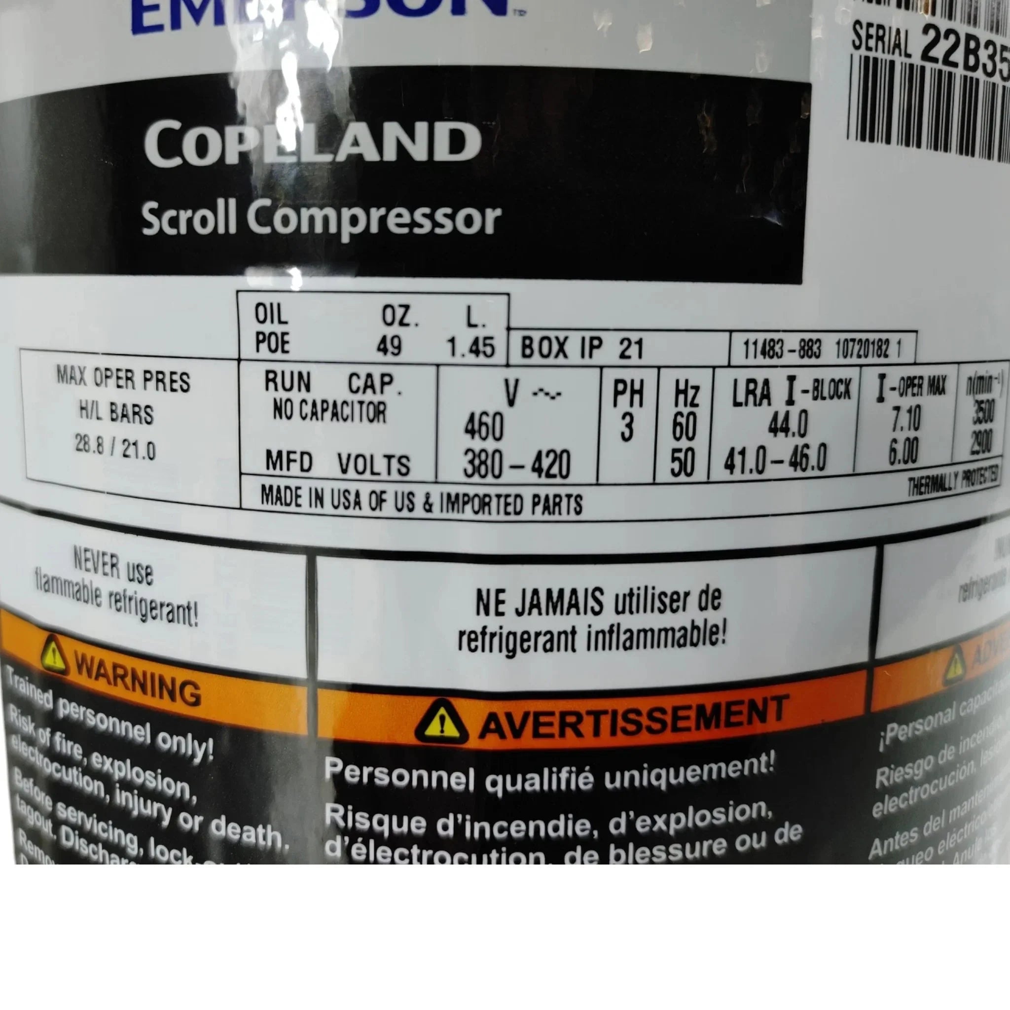 ZF11K4ETFD231 Genuine Copeland Scroll Compressor