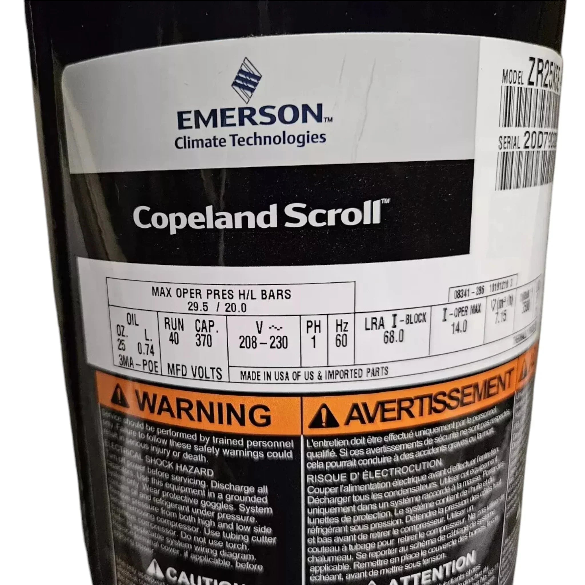 ZP38K5E-PFV-830 Genuine Copeland Scroll Compressor 208-230V