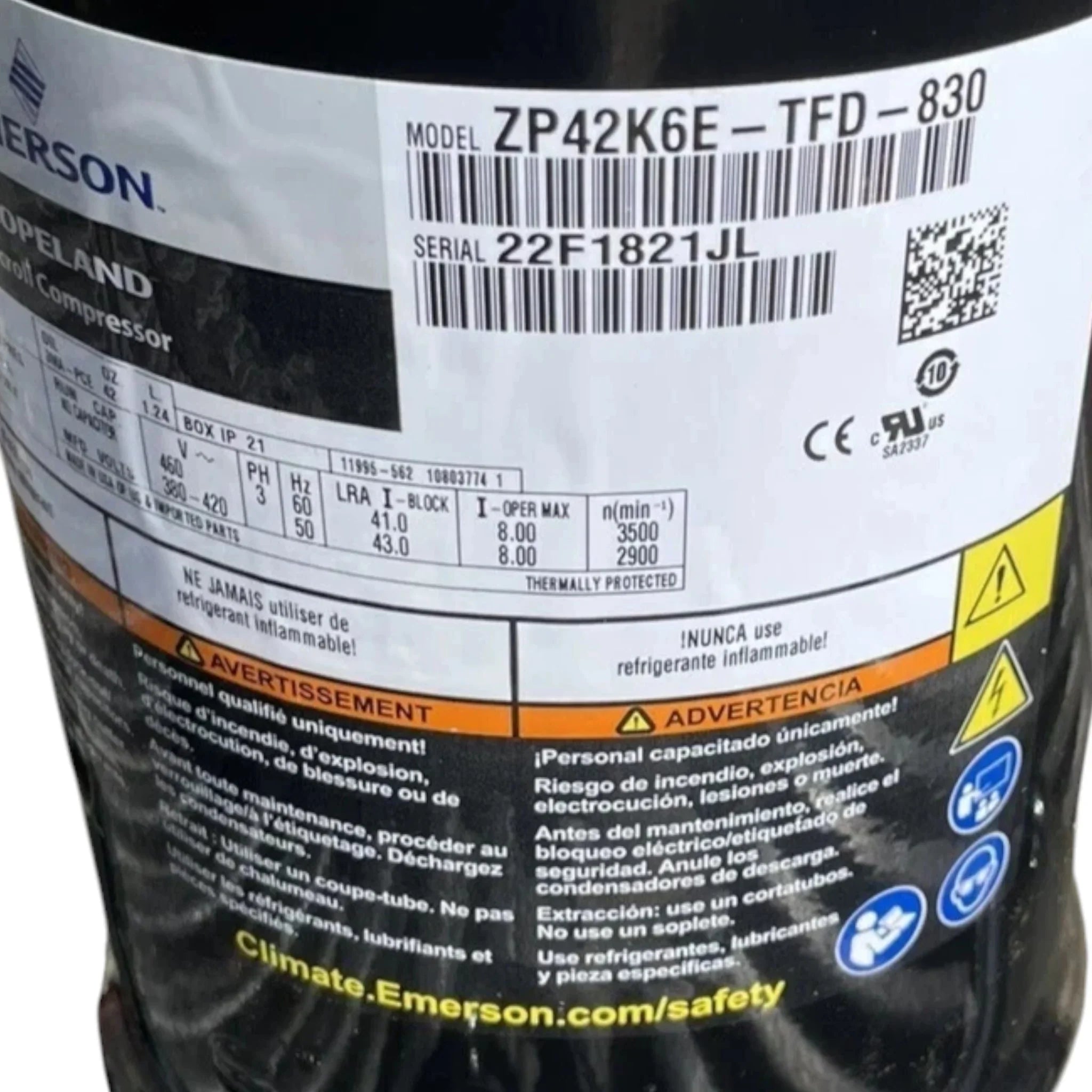 ZP42K6ETFD830 Genuine Copeland Scroll Compressor 460V