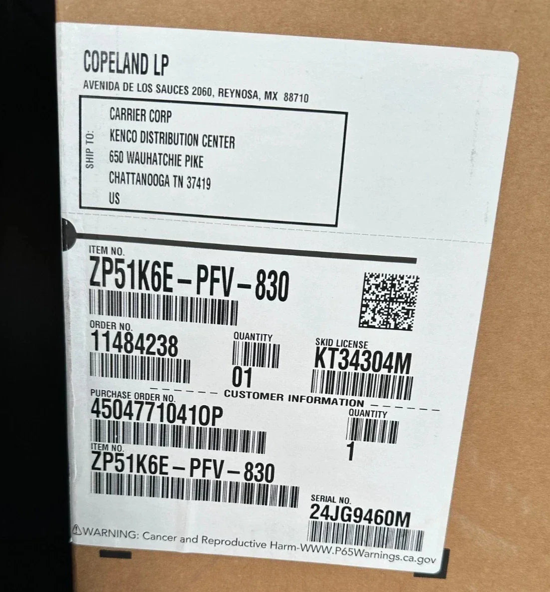 ZP51K6EPFV830 Genuine Copeland Scroll Compressor 208/230V