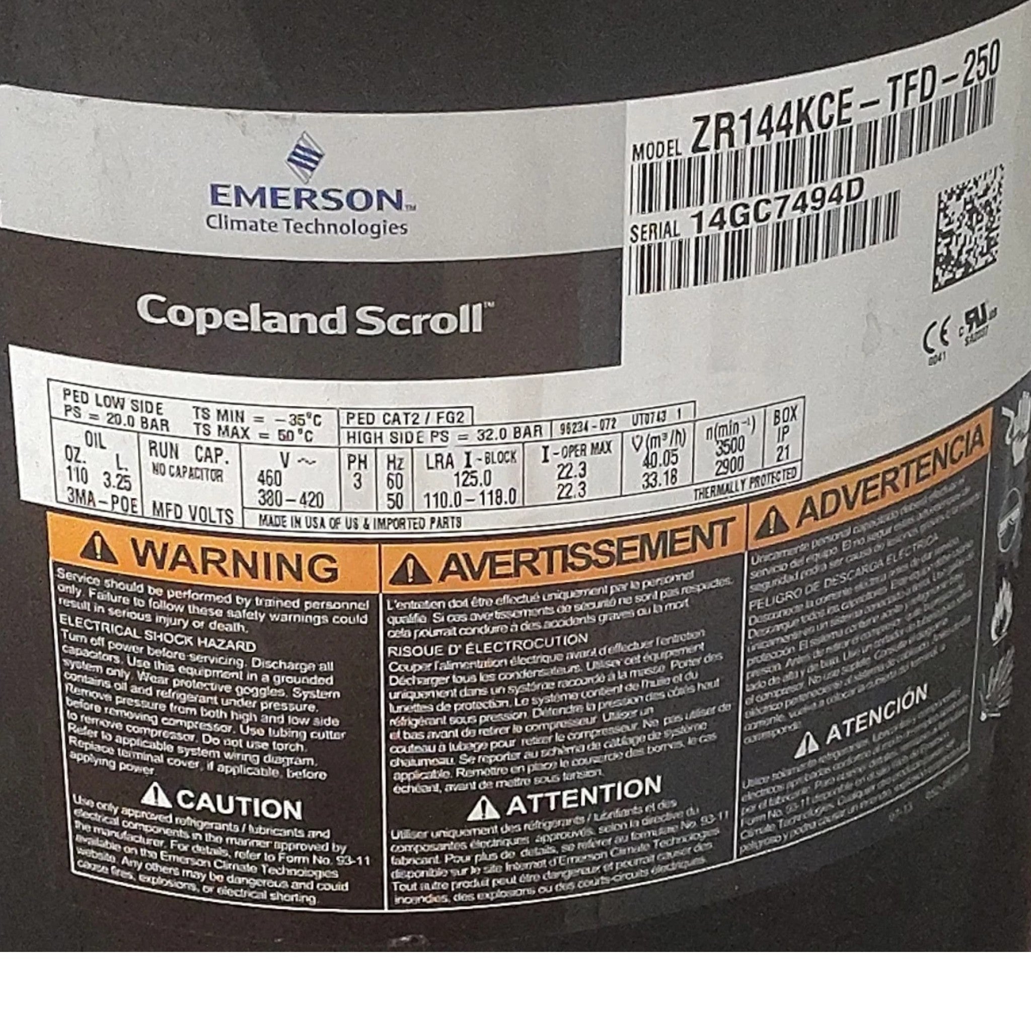 ZR144KCETFD250 Genuine Copeland Scroll Compressor